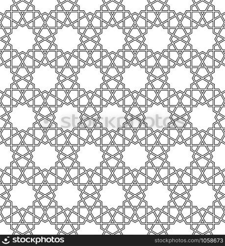 Seamless geometric ornament based on traditional arabic art. Muslim mosaic.Black and white outlines.Great design for fabric,textile,cover,wrapping paper,background,laser cutting.Thick lines.. Seamless arabic geometric ornament in black and white.
