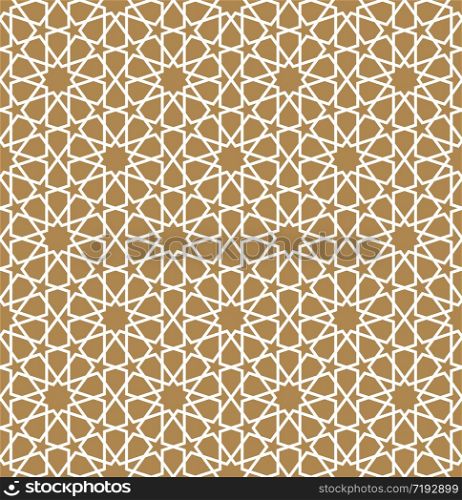 Seamless geometric ornament based on traditional arabic art. Muslim mosaic.Brown color background.Great design for fabric,textile,cover,wrapping paper,background.Average thickness.. Seamless arabic geometric ornament in white color and brown background.
