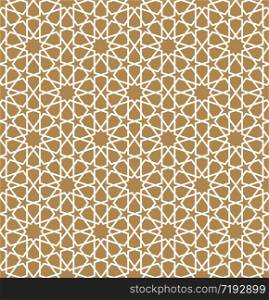 Seamless geometric ornament based on traditional arabic art. Muslim mosaic.Brown color background.Great design for fabric,textile,cover,wrapping paper,background.Average thickness.. Seamless arabic geometric ornament in white color and brown background.