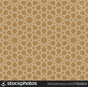 Seamless geometric ornament based on traditional arabic art. Muslim mosaic.Brown color background.Great design for fabric,textile,cover,wrapping paper,background.Doubled lines.. Seamless arabic geometric ornament in white color and brown background.