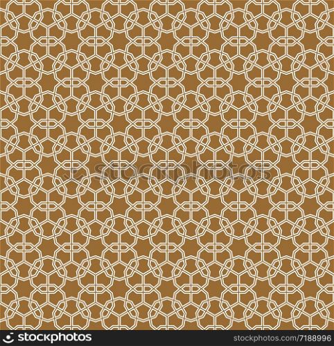 Seamless geometric ornament based on traditional arabic art. Muslim mosaic.Brown color background.Average thickness.Doubled lines.. Seamless arabic geometric ornament in brown color.