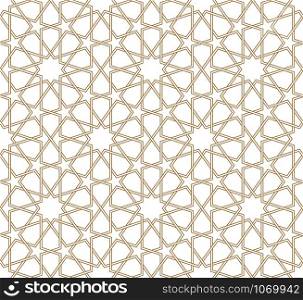 Seamless geometric ornament based on traditional arabic art. Muslim mosaic.Brown color lines.Great design for fabric,textile,cover,wrapping paper,background.Double twisted lines.. Seamless arabic geometric ornament in brown color.