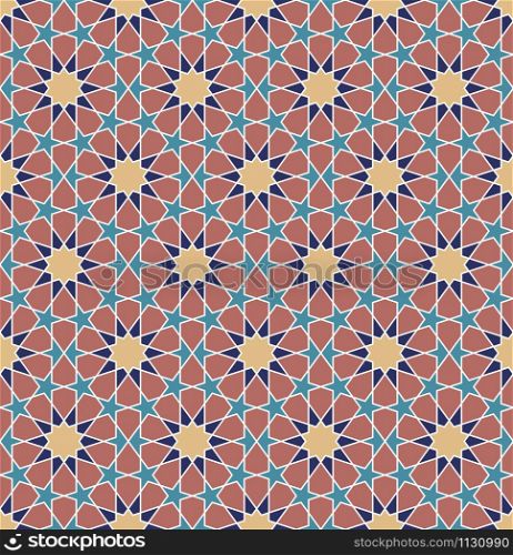 Seamless geometric ornament based on traditional arabic art. Muslim mosaic.Brown color lines.Great design for fabric,textile,cover,wrapping paper,background.Average thickness.. Seamless colored traditional arabic geometric ornament on white background .