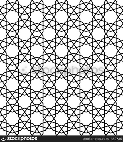 Seamless geometric ornament based on traditional islamic art.Black color lines.Great design for fabric,textile,cover,wrapping paper,background.Thick lines.. Seamless arabic geometric ornament in black and white color.
