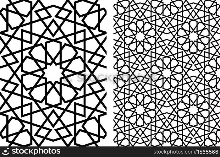 Seamless geometric ornament based on traditional islamic art.Black lines.Great design for fabric,textile,cover,wrapping paper,background,laser cutting.Thick lines.. Seamless arabic geometric ornament in black and white.