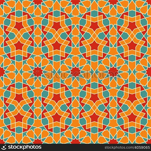 Seamless geometric ornament based on traditional islamic art .Blue ,orange red colors..For fabric,textile,cover,wrapping paper,background.. Seamless arabic geometric ornament in blue ,orange red colors.