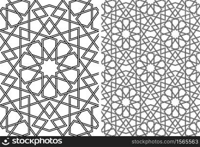 Seamless geometric ornament based on traditional islamic art.Set single pattern and 2x2 pattern.Wicker lines.Thick whicker lines.. Seamless ornament in brown color.Islamic geometric pattern.