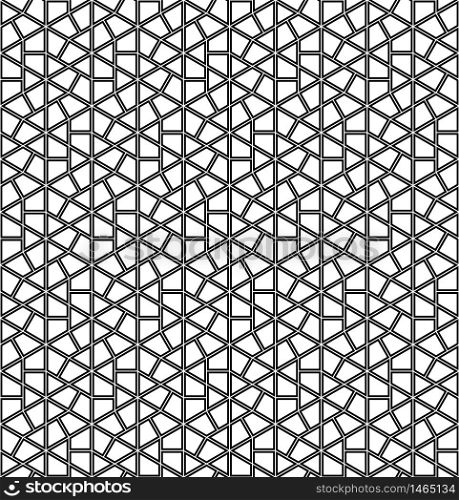 Seamless geometric ornament based on traditional Japanese pattern Kumiko.Double lines are black.For design template,textile,fabric,wrapping paper,laser engraving.. Seamless geometric ornament in black colors lines.