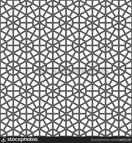 Seamless geometric ornament based on traditional Japanese pattern Kumiko.Double lines are black.For design template,textile,fabric,wrapping paper,laser engraving.. Seamless geometric ornament in black colors lines.