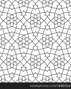 Seamless geometric ornament .Black lines and white background.Great design for fabric,textile,cover,wrapping paper,background.Average thickness lines.. Seamless geometric ornament in black and white.Average thickness lines.