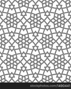 Seamless geometric ornament .Black lines and white background.Great design for fabric,textile,cover,wrapping paper,background.Doubled average lines.. Seamless geometric ornament in black and white.Doubled average lines.