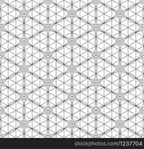 Seamless geometric pattern based on Japanese style Kumiko.Black and white silhouette.Compound ornament.Fine lines.Hexagon grid.. Seamless pattern based on Japanese geometric ornament .Black and white.