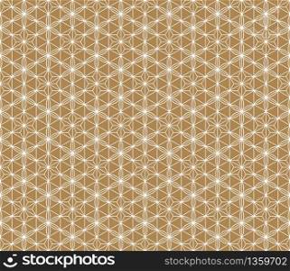 Seamless geometric pattern based on Japanese style Kumiko.Golden color background and white layer lines.Average lines.For template,fabric,textile,wrapping paper,laser cutting and engraving.. Seamless traditional Japanese ornament.Golden color background.White lines.