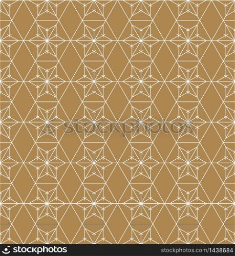 Seamless geometric pattern based on Japanese style Kumiko.Golden color background and white layer lines.Fine lines.For template,fabric,textile,wrapping paper,laser cutting and engraving.. Seamless traditional Japanese ornament.Golden color background.White lines.