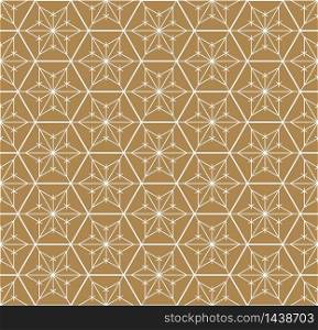 Seamless geometric pattern based on Japanese style Kumiko.Golden color background and white layer lines.Fine and average lines.For template,fabric,textile,wrapping paper,laser cutting and engraving.. Seamless traditional Japanese ornament.Golden color background.White lines.