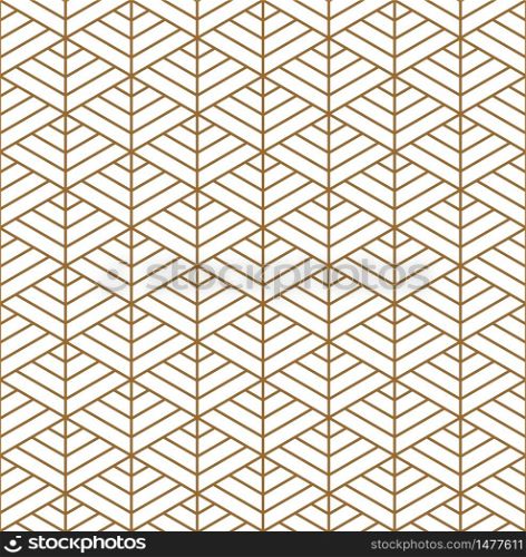 Seamless geometric pattern based on japanese woodwork Kumiko pattern in golden silhouette with MEDIUM lines.. Seamless traditional Japanese ornament Kumiko.Golden color lines.