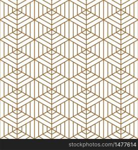 Seamless geometric pattern based on japanese woodwork Kumiko pattern in golden silhouette with MEDIUM lines.. Seamless traditional Japanese ornament Kumiko.Golden color lines.