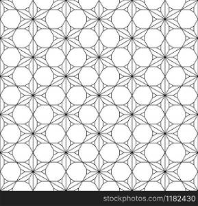 Seamless geometric pattern based on Japanese woodwork style Kumiko.Black and white silhouette lines.For design template,textile,fabric,wrapping paper,laser cutting and engraving.Fine lines.. Seamless traditional Japanese geometric ornament .Black and white.