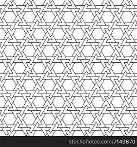 Seamless geometric pattern based on traditional arabic art. Muslim mosaic.Black and white lines.Great design for fabric,textile,cover,wrapping paper,background,laser cutting.Average lines.. Seamless arabic geometric pattern in black and white.