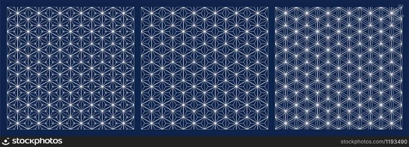 Seamless geometric pattern based on traditional Japanese style kumiko.White average and thin lines on blue background.A set of three patterns.. Seamless japanese pattern shoji kumiko.Diamonds grid.White lines on blue background.