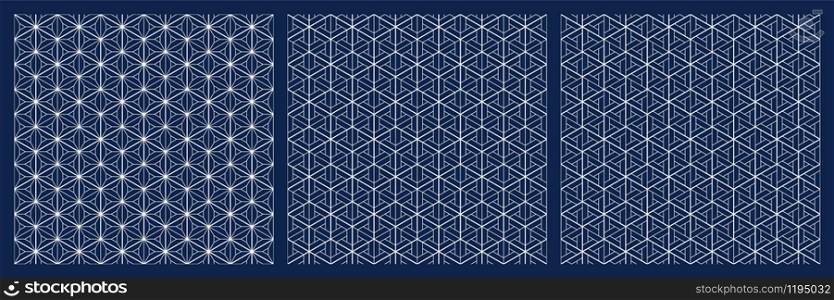 Seamless geometric pattern based on traditional Japanese style kumiko.White average and thin lines on blue background.A set of three patterns.. Seamless japanese pattern shoji kumiko.Diamonds grid.White lines on blue background.