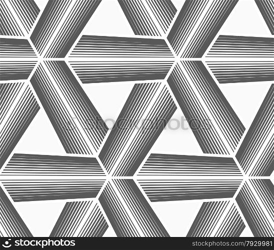 Seamless geometric pattern. Gray abstract geometrical design. Flat monochrome design.Monochrome halftone striped tetrapods with white grid.