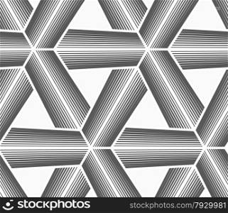Seamless geometric pattern. Gray abstract geometrical design. Flat monochrome design.Monochrome halftone striped tetrapods with white grid.