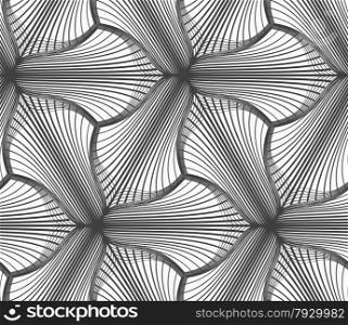 Seamless geometric pattern. Gray abstract geometrical design. Flat monochrome design.Monochrome hatched three pedal flowers.