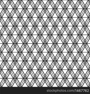 Seamless geometric pattern inspired by Japanese Kumiko ornament.Black and white silhouette with average thickness lines.Hexagon grid.. Seamless geometric pattern inspired by Japanese Kumiko ornament .Black white.
