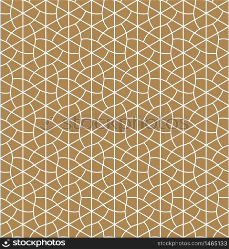 Seamless geometric pattern inspired by Japanese Kumiko ornament..Gold background color.White pattern layer.Average thickness line variant.. Seamless geometric pattern inspired by Japanese Kumiko ornament.