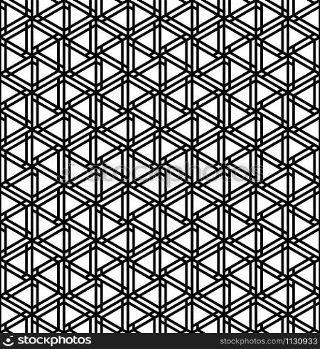 Seamless geometric pattern inspired by Japanese woodworking style Kumiko zaiku.Black and white.Thick lines.Hexagonal grid.. Seamless geometric pattern inspired by Japanese woodworking style Kumiko zaiku. .Black and white.