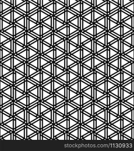 Seamless geometric pattern inspired by Japanese woodworking style Kumiko zaiku.Black and white.Thick lines.Hexagonal grid.. Seamless geometric pattern inspired by Japanese woodworking style Kumiko zaiku. .Black and white.