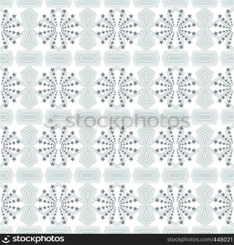 Seamless geometric pattern of soft blue stars and polygon shapes with white lines. Flat design vector illustration, EPS10. Use as background, wallpaper, gift wrap paper, tile and fabric prints.