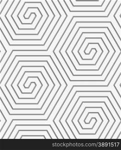 Seamless geometric pattern .Realistic shadow creates 3D look. Light gray colors.Cut out paper effect.Perforated hexagonal connected spirals.