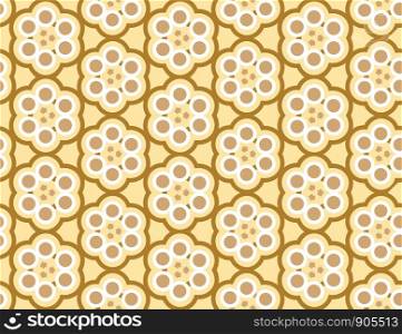 Seamless geometric pattern. Shaped flowers, circles, arrows in brown and yellow colors.