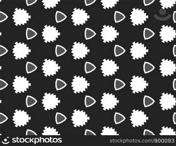 Seamless geometric pattern. Shaped white leaves and grey and white triangles on black background.