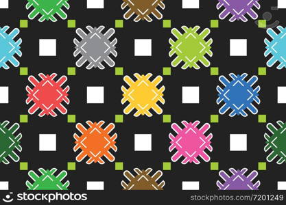 Seamless geometric pattern, texture or background vector in different colors and on black background and white squares.