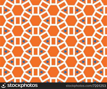 Seamless geometric pattern, texture or background vector in orange, white and blue colors.