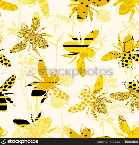 Seamless geometric pattern with bee. Trendy hand drawn textures. Modern abstract honey design for paper, fabric, interior decor and other users.. Seamless geometric pattern with bee. Modern abstract honey design.