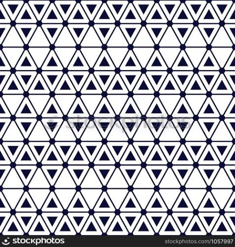 Seamless geometric pattern with bold triangle and interweaving thin lines, hexagon pattern, blue and white pattern, vector illustration