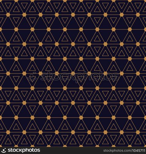 Seamless geometric pattern with interweaving thin lines triangle, hexagon pattern, gold and black pattern, vector illustration
