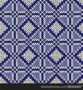 Seamless geometrical knitting vector pattern in blue and white colors as a knitted fabric texture