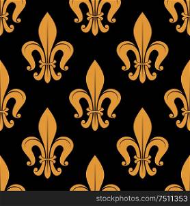 Seamless golden fleur-de-lis pattern on black background with ornamental leaves in victorian medieval style. Luxury wallpaper, interior accessories or upholstery design usage. Seamless golden fleur-de-lis pattern over black