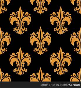 Seamless golden fleur-de-lis pattern with ornate heraldic lilies, decorated by victorian leaf scrolls and flourishes on black background. History, heraldry, monarchy theme design usage. Golden victorian fleur-de-lis seamless pattern