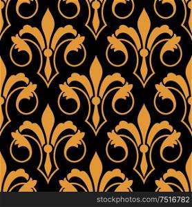 Seamless golden heraldic floral pattern with stylized retro fleur-de-lis ornament on black background. Luxury royal pattern for interior or textile, wallpaper or scrapbook page design . Golden retro fleur-de-lis seamless pattern