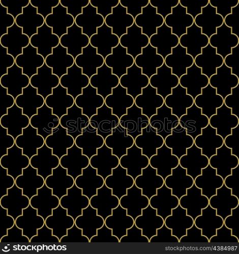 Seamless golden oriental window grille vector pattern against black background.