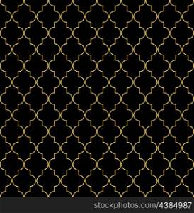 Seamless golden oriental window grille vector pattern against black background.