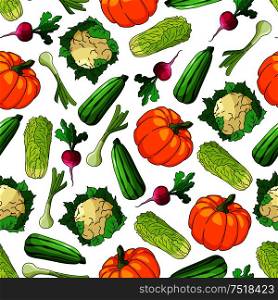 Seamless green onion, radish, zucchini, sweet pumpkin, cauliflower and chinese cabbage vegetables pattern. Agriculture harvest and organic farming themes design. Seamless healthy vegetables pattern background