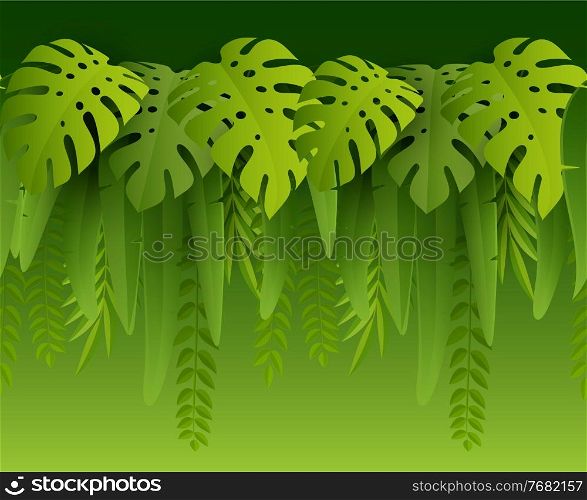 Seamless green Summer Tropical Leaves. Paper cut style. Monstera and green palm leaf. Tropic seamless border. For interior and showcase decoration. Vector illustration EPS10. Hot Summer Tropical Leaves. Paper cut style. Monstera and palm leaf. Tropic border. Vector illustration