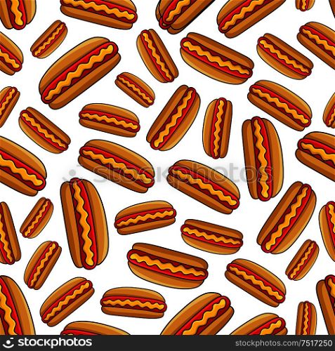 Seamless grilled hot dogs pattern for fast food design usage with cartoon colorful takeaway sandwiches with sausages in sliced buns, garnished with spicy mustard sauce on white background . Fast food grilled hot dogs seamless pattern